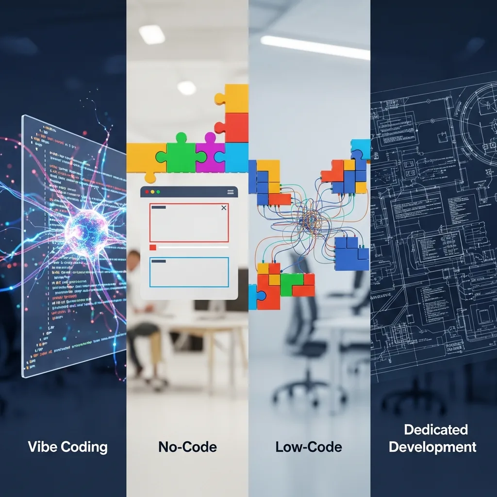 مقایسه Vibe Coding با No-Code، Low-Code و توسعه اختصاصی، Vibe Coding، No-Code
